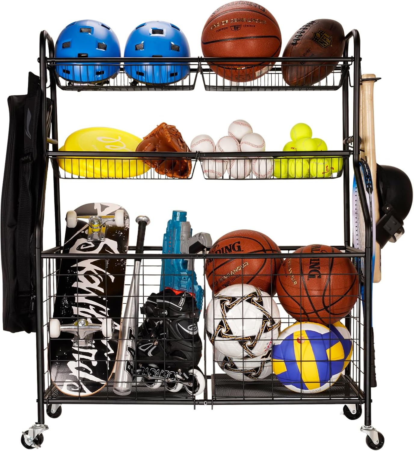 WEYMILA Sport Equipment Organizer for Garage, Steel Basketball Rack with Baseball Bat Holder and Hooks, Easy Assembly Storage for Balls, Kids' Toys, and Workout Gear in Basement, Home Gym, Outdoor