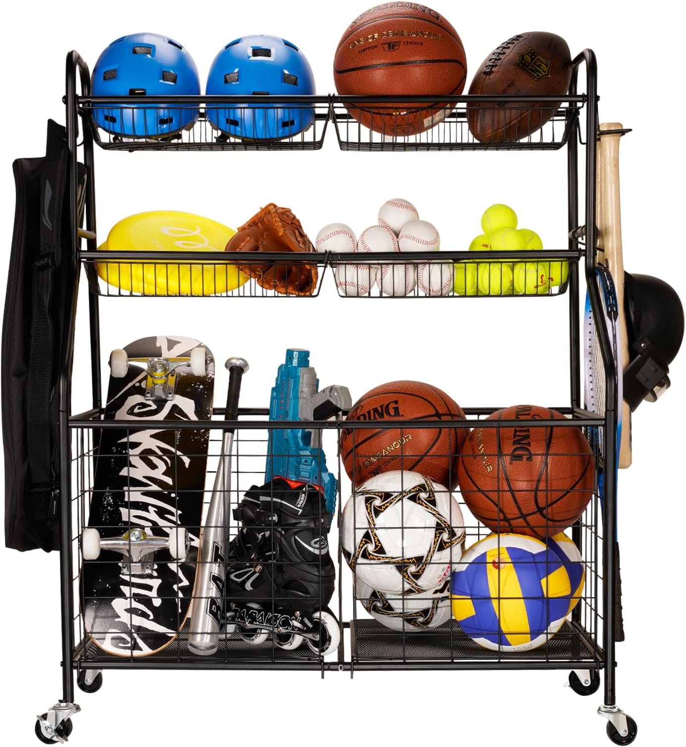 Sports Storage Organizer for Garage, WEYIMILA Ball Storage Garage with Baskets and Hooks, Rolling Sports Equipment Storage Cart with Wheels, Basketball Racks, Garage Sports Equipment Organizer