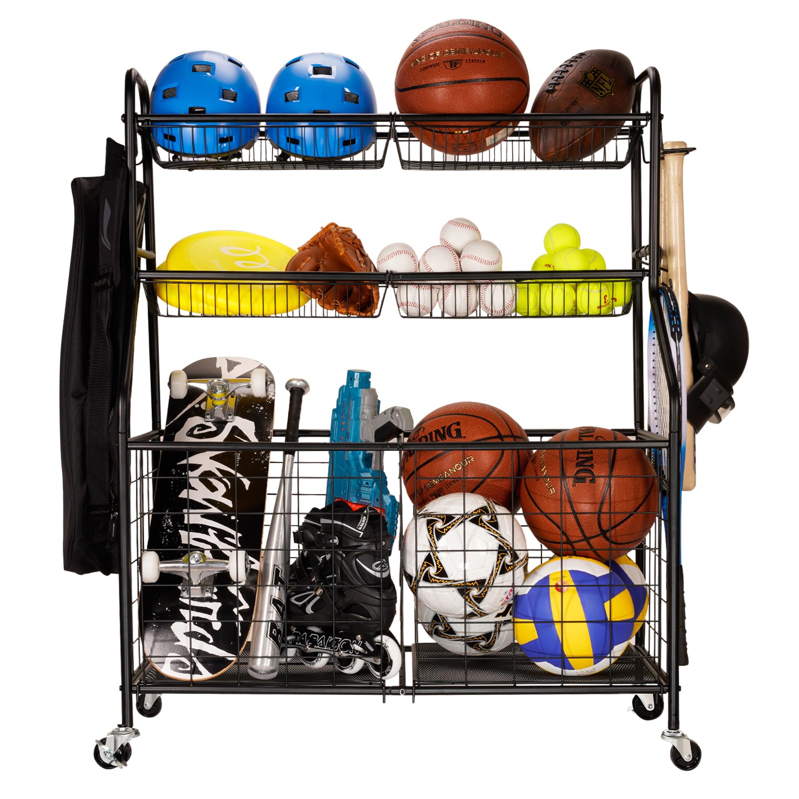 Organizador de equipos deportivos para garaje con estante rodante