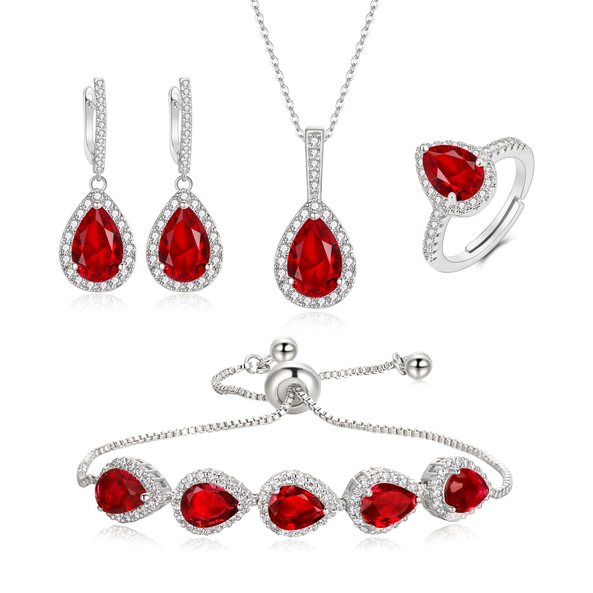 Crysdue Wedding Bridal Teardrop Cubic Zirconia Pendant Necklace Open Ring Dangle Earrings Adjustable Slider Bracelet Brides Jewelry Set, Birthday Mothers Day Christmas Jewelry Gift for Women/Mom/Wife