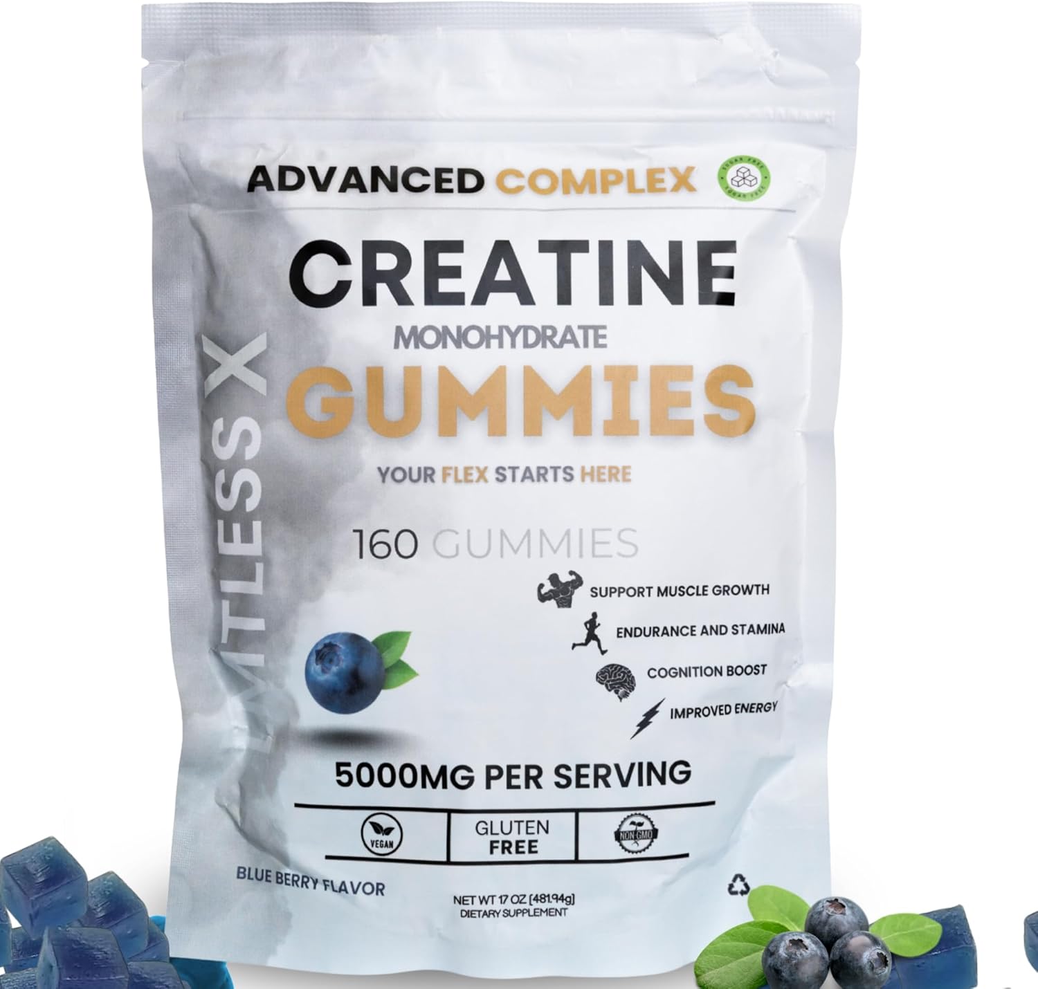 Creatine Gummies, Monohydrate with B12 for Energy, Focus, and Strength | Vegan, Gluten-Free | Sugar Free | Blueberry 160 Gummies per Bag