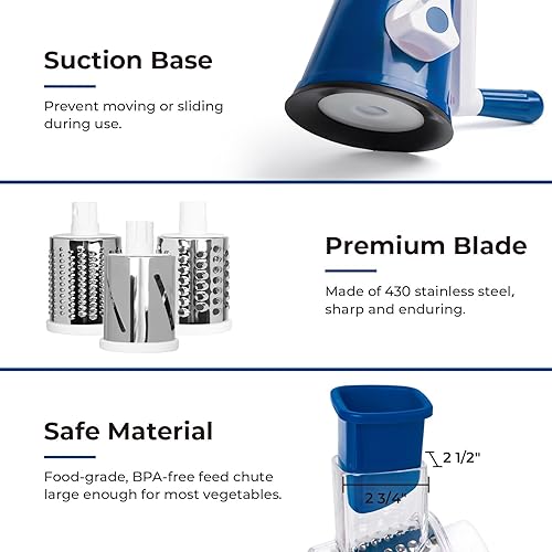 Miniatura 5 de X Home Rallador de queso giratorio para cocina, triturador con 3 cuchillas intercambiables, rallador giratorio con mango y base de succión fuerte,