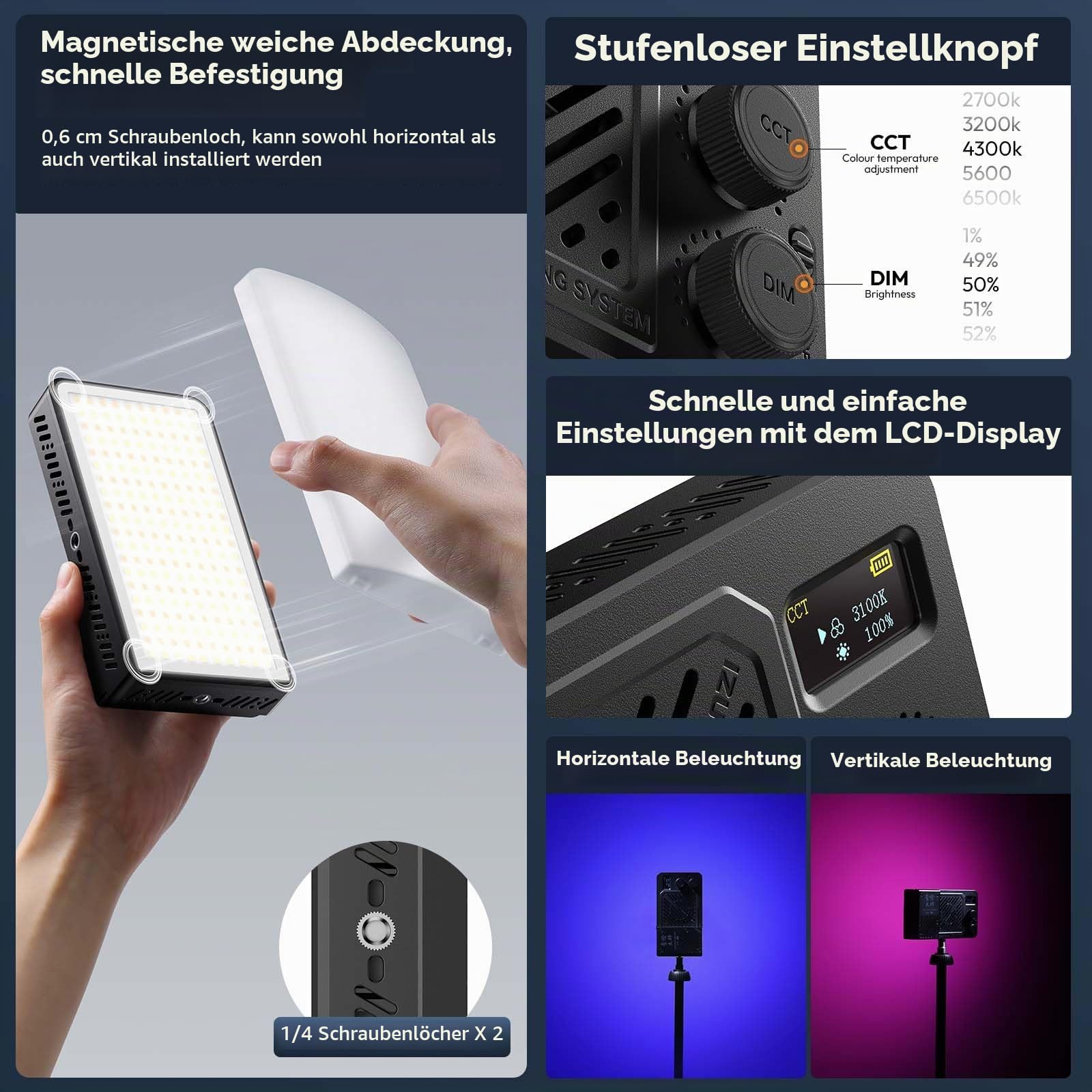 ULANZI P40 RGB LED Videolicht 40W Tragbar mit 5000mAh Akku, CRI96+ 2700K-6500K Kamera Licht, PD-Schnellladung, integrierte Lüfter, Magnetdiffusor & 1/4"-Gewinde für Foto- und Videobeleuchtung