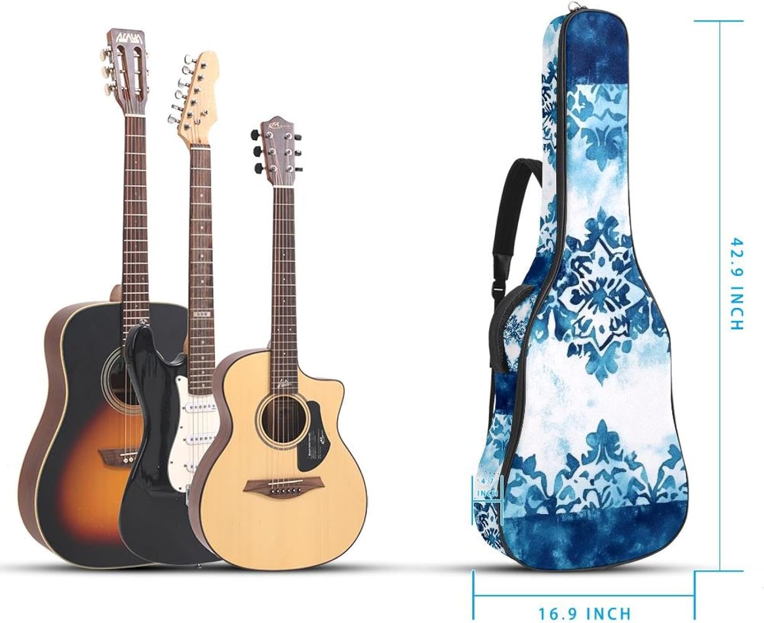 40 41 42 Inch Acoustic Guitar Bag, 0.4 In Thick Sponge Padded Guitar Case Gig Bag with Back Hanger Loop and 2 Pockets, Teal Blue White Geometric Mosaic Texture
