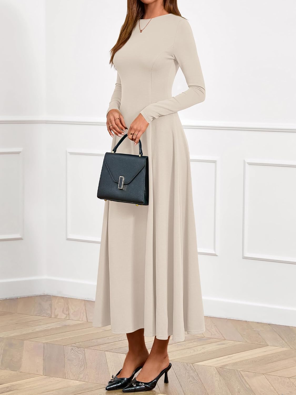 BTFBM Spring Dresses for Women 2026 Trendy Boat Neck Long Sleeve A Line Flowy Knit Loose Casual Elegant Party Maxi Dress - Image 4