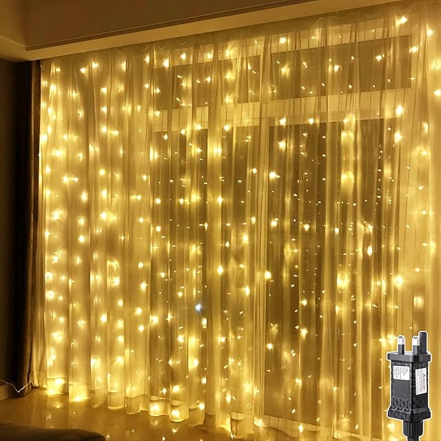 SALCAR Curtain Lights Mains Powered, 3m×3m 300 LEDs Waterproof Curtain Fairy Lights with 8 Modes, Christmas Decorations for Indoor Outdoor Bedroom, Garden, Party and Wedding - Warm White