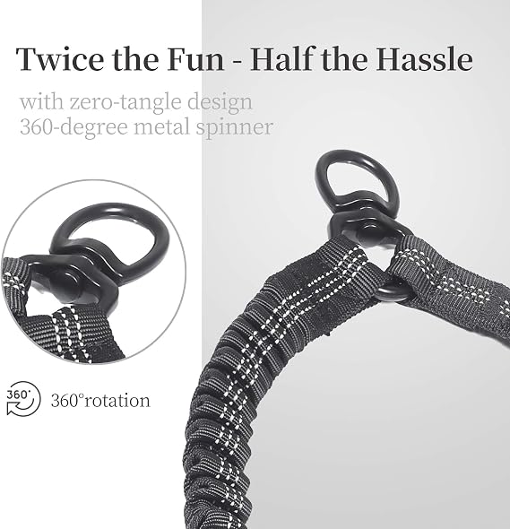Double Dog Leash with 3 Extra Traffic Handles, 5-18 lbs, Black | 360 Swivel No Tangle, Dual Dog Walking, Shock Absorbing Reflective Bungee, for Two Dogs