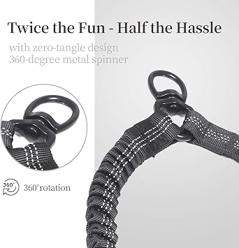 Double Dog Leash with 3 Extra Traffic Handles, 5-18 lbs, Black | 360 Swivel No Tangle, Dual Dog Walking, Shock Absorbing Reflective Bungee, for Two Dogs