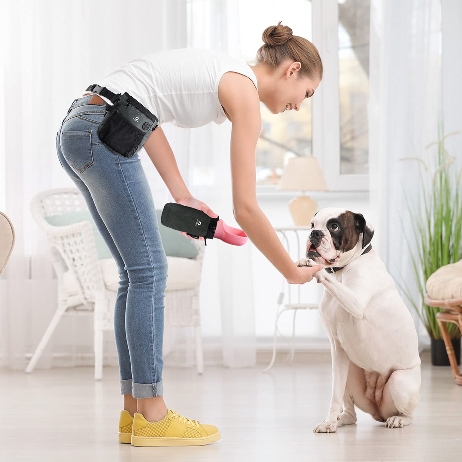 Borsa per dolcetti per Cani,con Borsa per Bottiglie d'Acqua e Dispenser per Sacchetti per Cacca incorporati per addestramento degli Animali Domestici e Porta Giocattoli