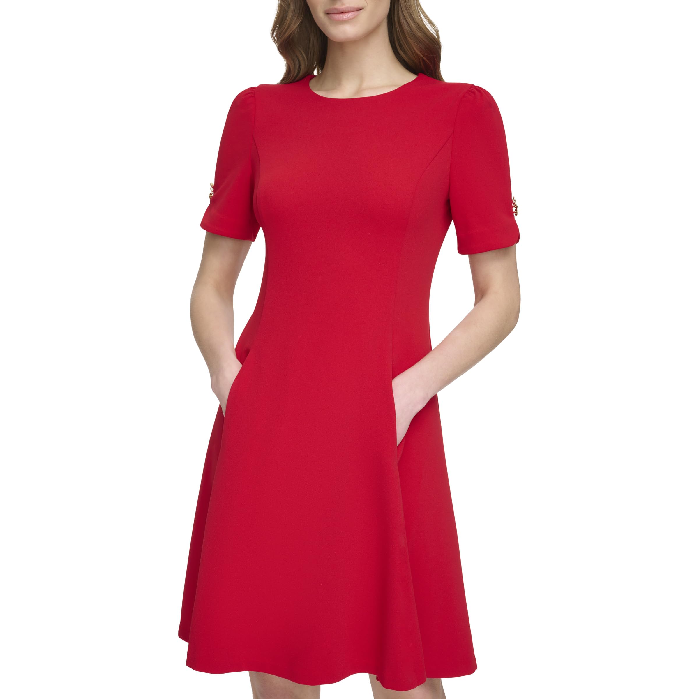 DKNY Womens Short Sleeve Jewel Neck Fit Flare Mini Dress