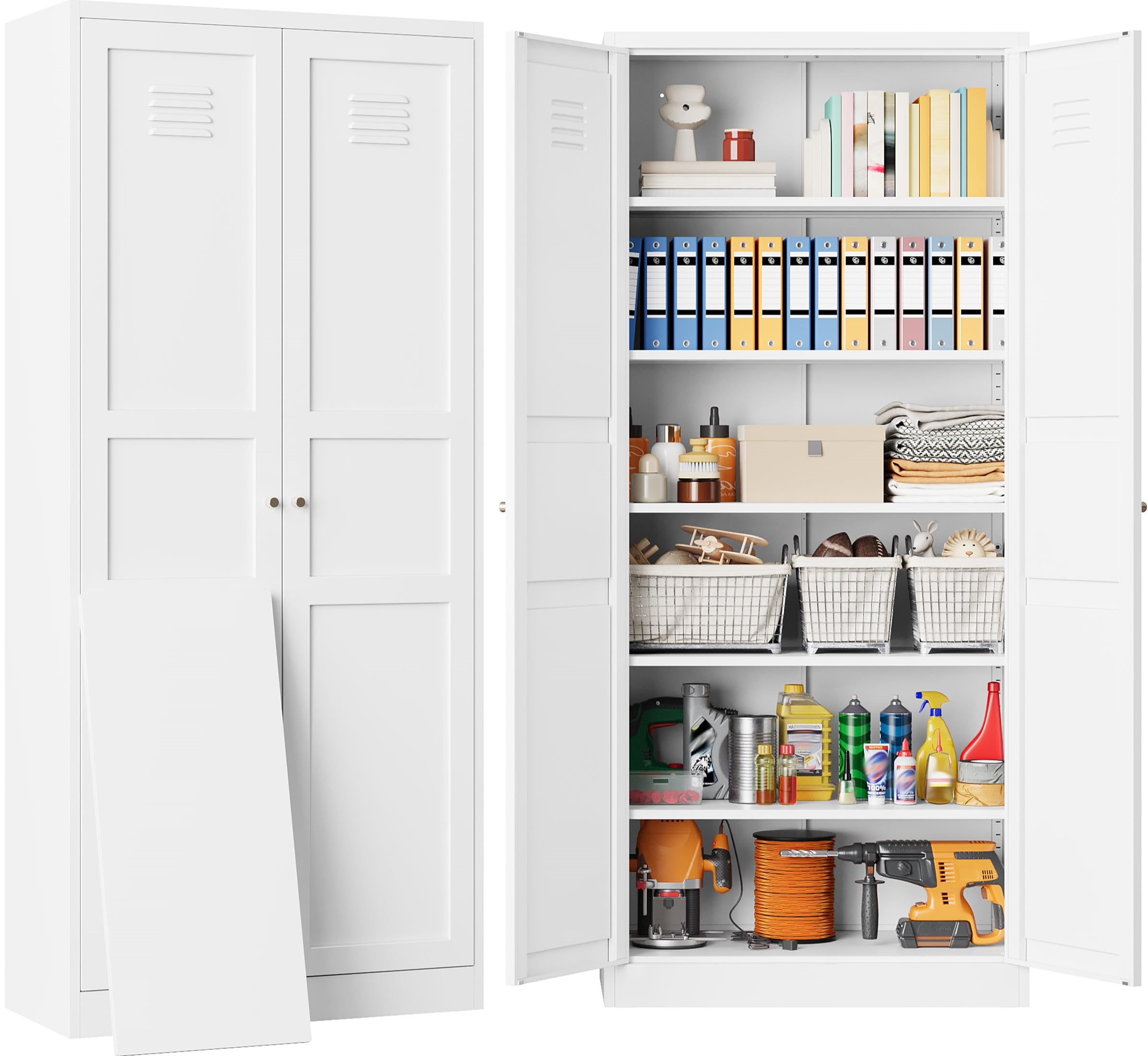 SISESOL 71" Tall Pantry Cabinet with 2 Doors and 6 Shelves,Kitchen Pantry Storage Cabinets,White Metal Storage Cabinet,Wide Deep Food Cupboard for