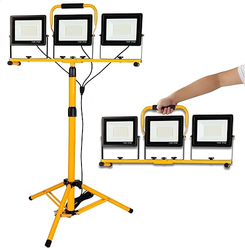 Yaoledly Luces de trabajo de 225 W 22500 lúmenes con soporte, luz de trabajo LED de tres cabezales con interruptor individual, cable de alimentación