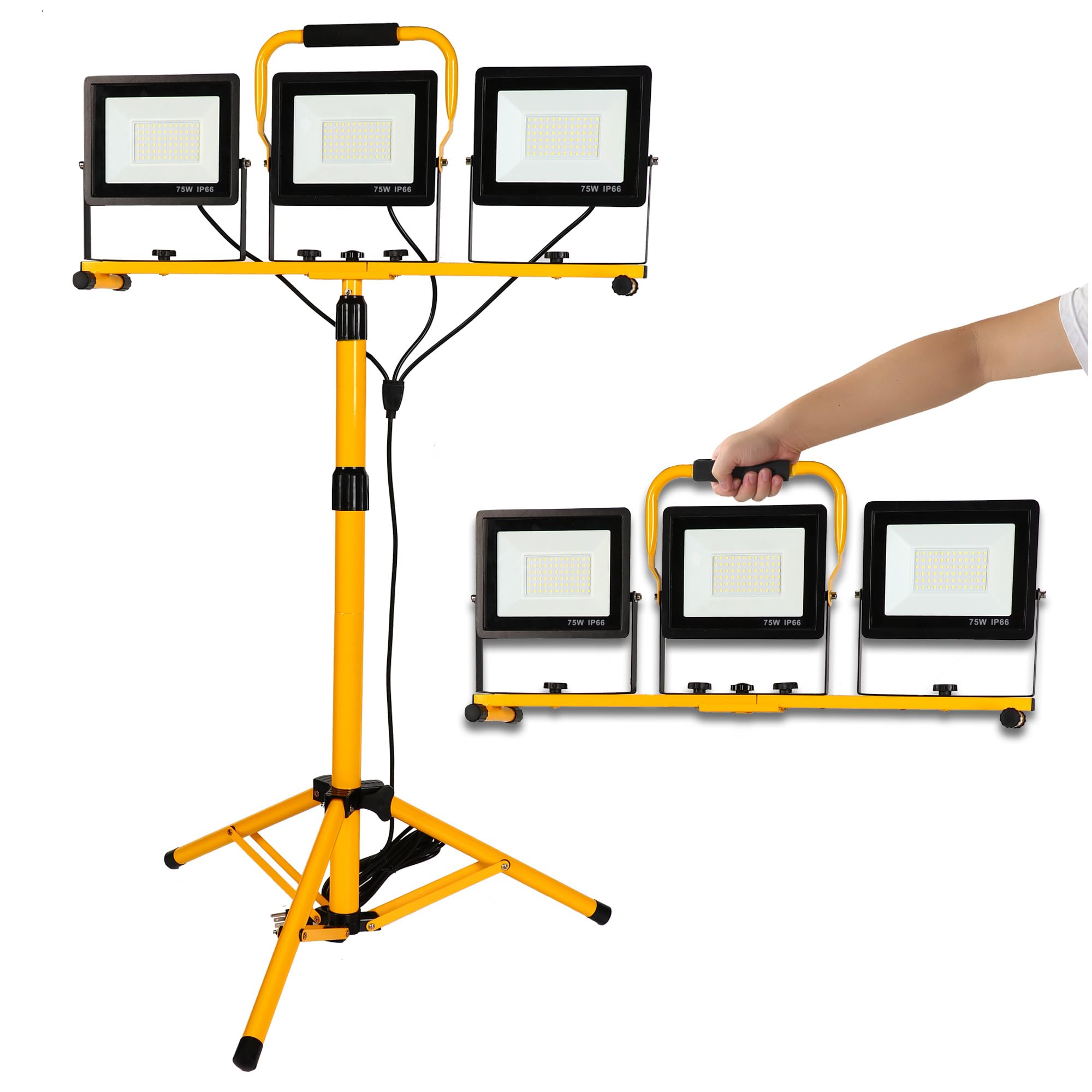 Yaoledly 225W 22500 Lumen Work Lights with Stand, Three Head LED Work Light with Individual Switch, 16FT Power Cord, IP66 Waterproof, Adjustable Metal