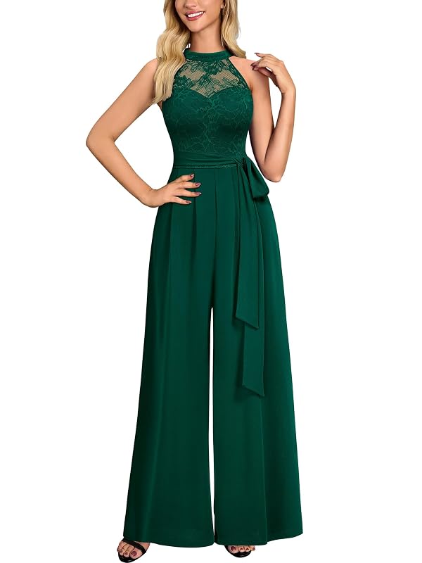 Miusol Women's Sexy Halter neck Sleeveless Floral Lace Casual Jumpsuit With Belt (Small, Dark Green) by Miusol - Used condition - US$52.24