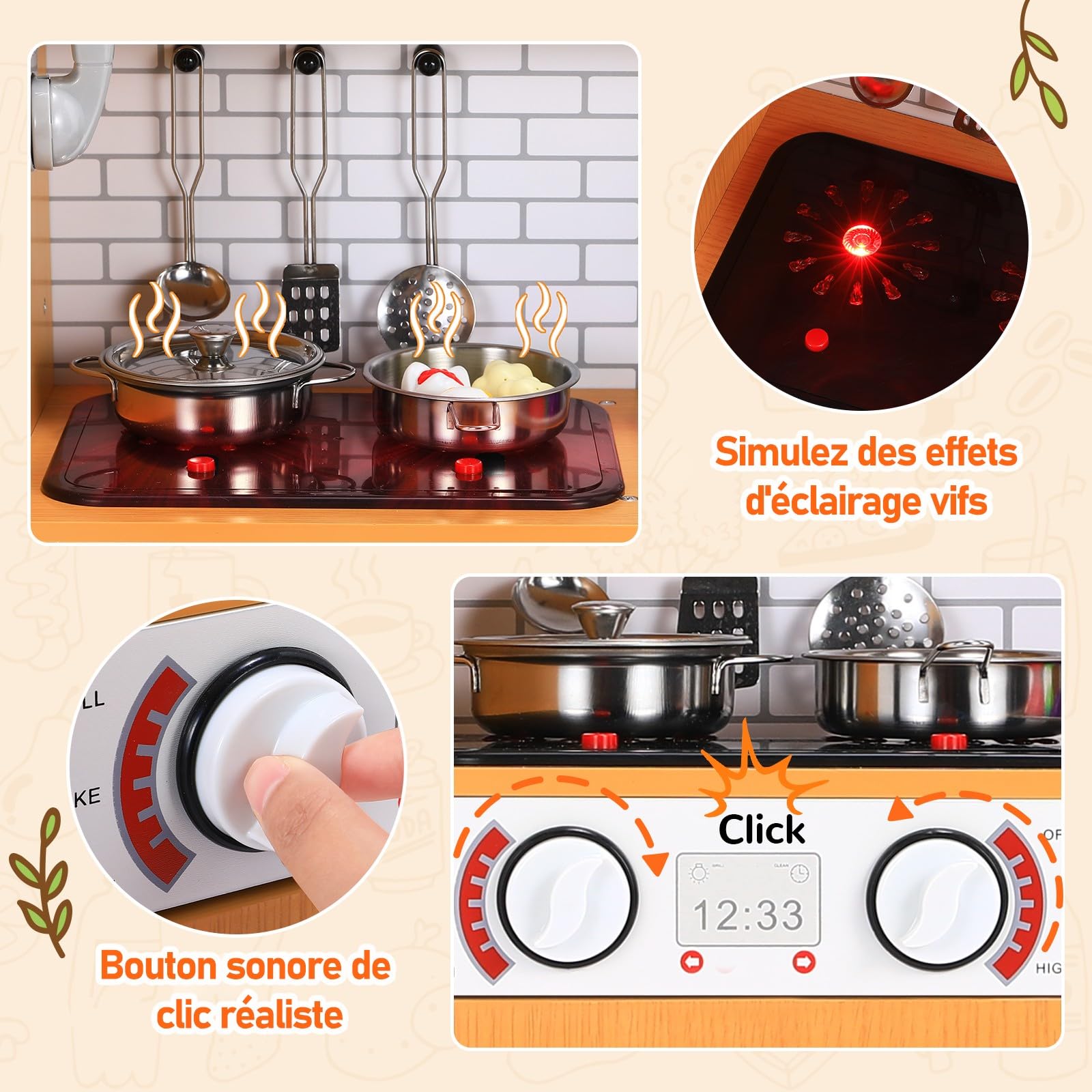 Clevich Cuisine Enfant avec Effets Lumineux et Sonores Simulés Salles Denfants, Jardins Denfants, Garderies, Crèches MDF Jouet Éducatif Sons et Lumières Grand Rangement - Bois/Blanc 82x80x25 cm
