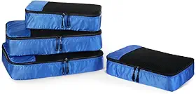 Amazon Essentials conjunto de acessórios de viagem com 4 organizadores de mala, organizador de bagagem com zíperes duplo e parte superior em tela, poliéster, tamanho 2 médios e 2 grandes, azul (anteriormente Amazon Basics)