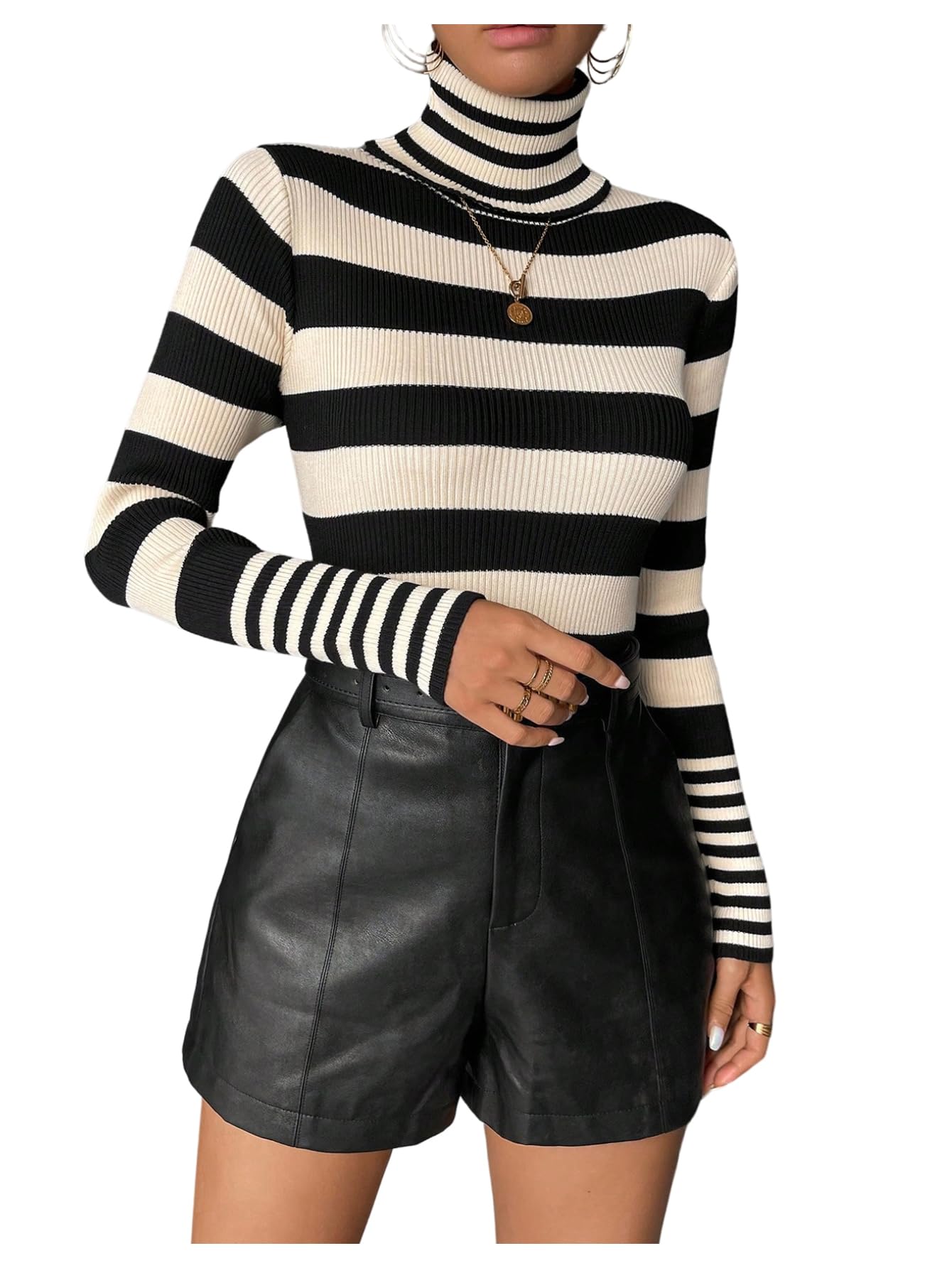 WDIRARA Womens Striped Turtle Neck Sweaters Slim Fit Ribbed Knit Long Sleeve Pullover Tops
