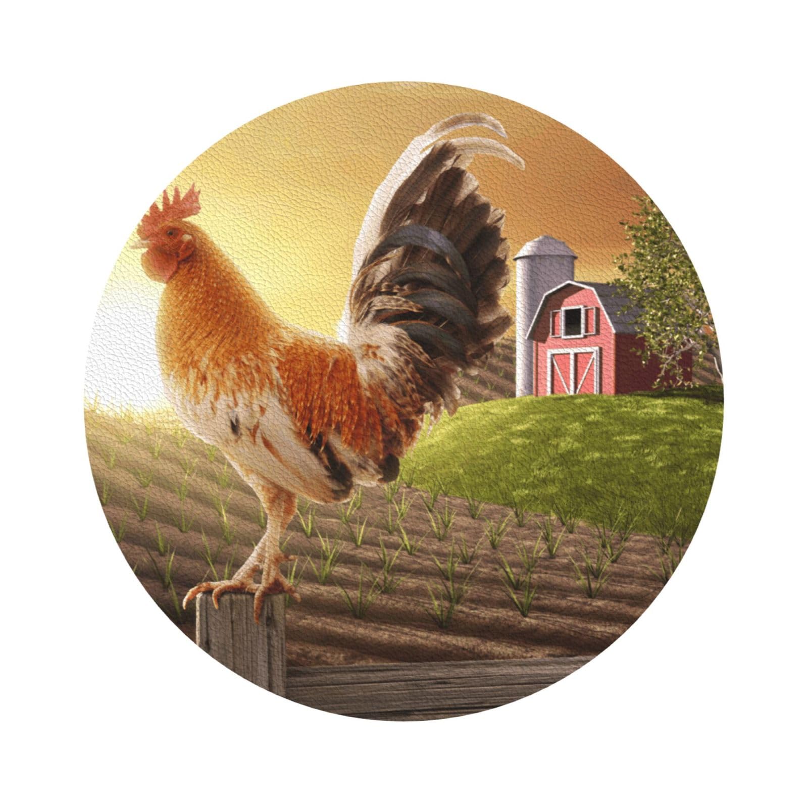 Rooster on Wood in Farmland PU Leather Coasters Set of 6 Round Drink Coasters
