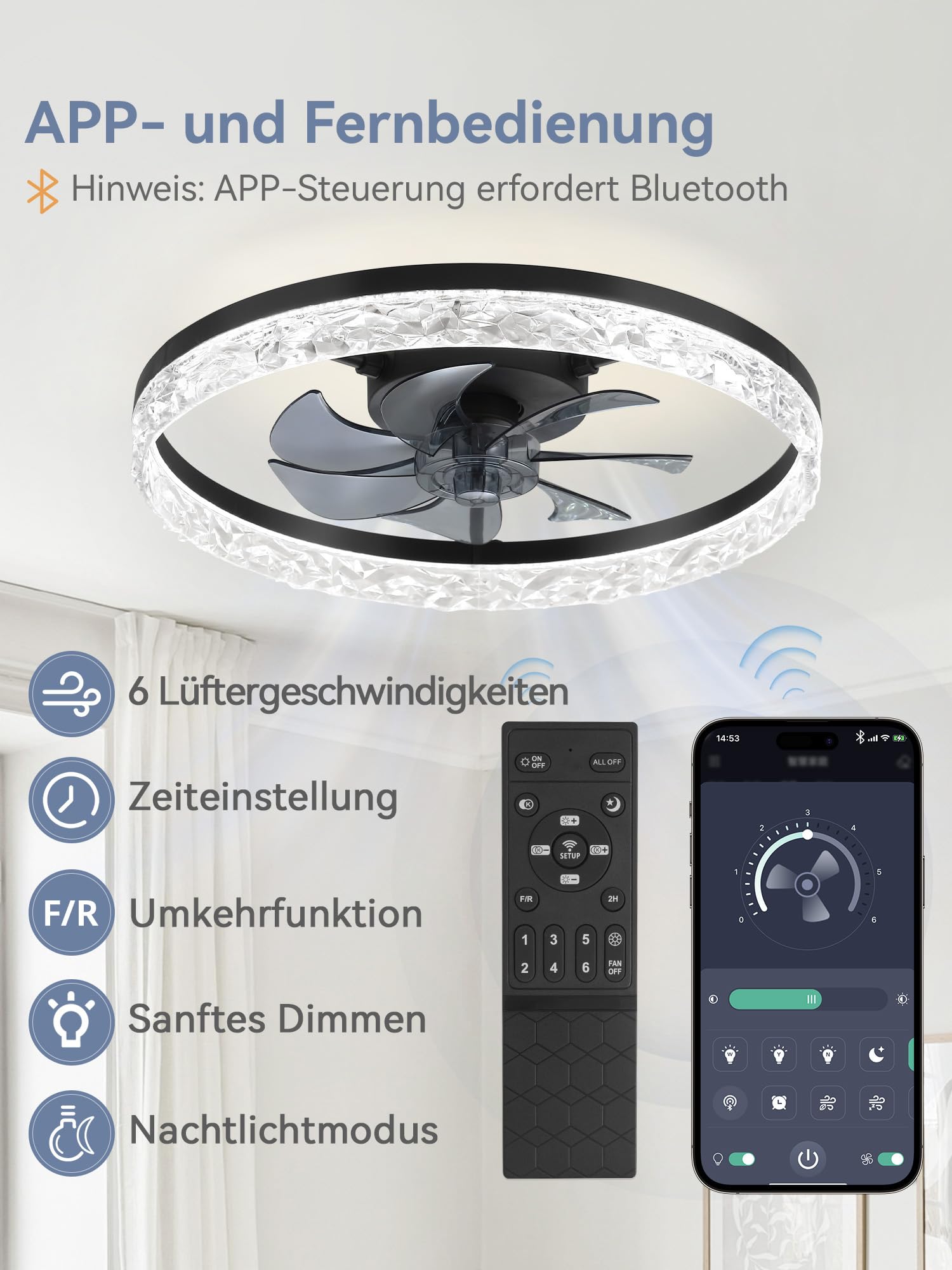 ZMISHIBO Deckenventilator mit Beleuchtung,Ø50,8 cm,3000K-6500K stufenlos dimmbar,6 Geschwindigkeiten,Timer,App & Fernbedienung,moderner LED-Deckenventilator für Wohnzimmer und Schlafzimmer,Schwarz