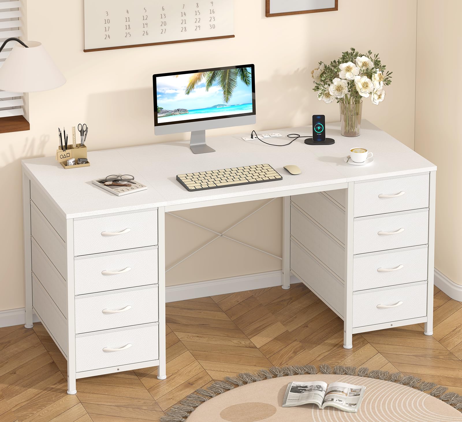 YOMILUVE 50 Inch White Computer Desk with 8 Drawers, Home Office Desk with Power Outlets, Work Study Gaming Desk with 8 Fabric Drawers, White