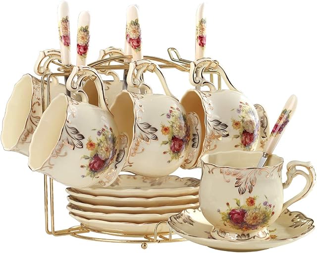 YOLIFE Tea Cup and Saucer Set of 6, 200 ML, Vintage Flowering Shrubs Ivory Porcelain Coffee Cup Saucer Set with Gold Display Stand Gift for Afternoon Tea Party