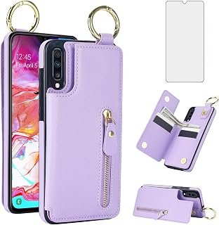 Asuwish Phone Case for Samsung Galaxy A70 Wallet with Tempered Glass Screen Protector Cover and Cell Accessories Stand Zipper Cash Card Holder Slot Ring Mobile Flip A70S A 70 70A S70 Women Men Purple