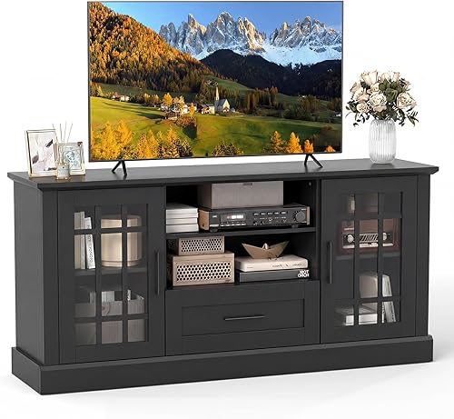 Tangkula Mueble de TV Estilo Granja para TV de hasta 70 Pulgadas, Mesa Consola de Medios Alta con 2 Puertas de Cristal, Centro de Entretenimiento