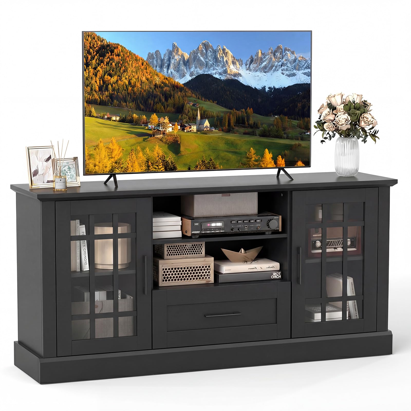 Tangkula Farmhouse TV Stand for TV up to 65 70 Inches, Tall Media Console Table with 2 Glass Storage Cabinets, 1 Drawer & 2 Open Shelves, Wooden Entertainment Center for Living Room (Black)