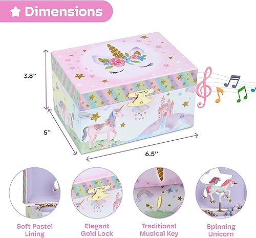 Miniatura 3 de Jewelkeeper Caja de almacenamiento musical de joyería para niña con unicornio giratorio diseño de arcoíris con purpurina y estrellas The Beautiful
