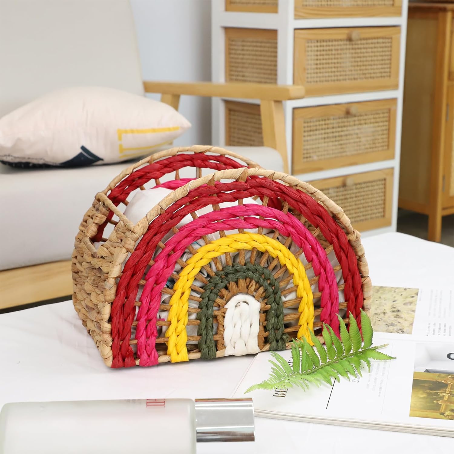 YRMT Wicker Storage Basket Water Hyacinth Woven Basket for Shelves Pantry Rainbow Decoration Semicircle Storage Basket with Built-in Handle Small Natural 9.1" x 7.5" x 7.5"