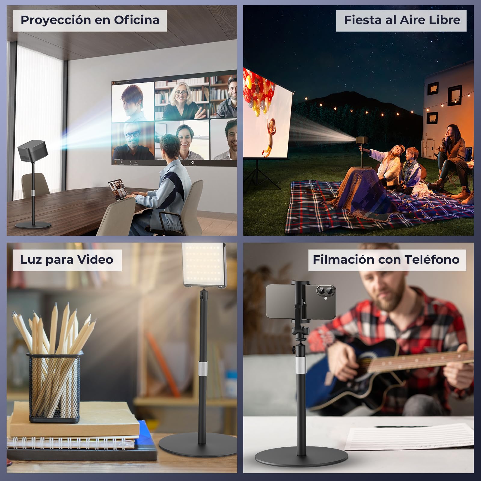 Soporte de Proyector de Escritorio, Altura Ajustable 30-47cm con Rotación de Ángulo de 360°, Ahorro de Espacio, Soporta hasta 5 kg, Compatible con Proyectores, Cámaras, Cámaras Web y Más
