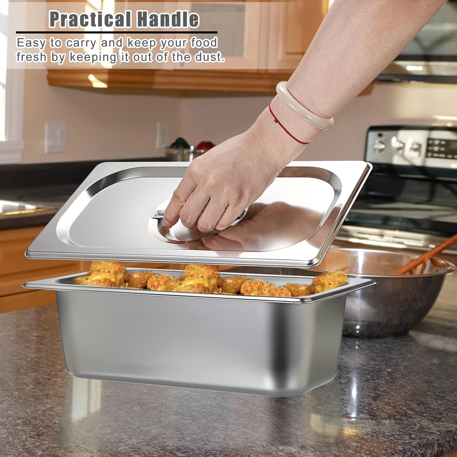 BSTKEY 4 Pack 1/3 Size 3-5/8" Depth Hotel Pan with Lids, Stainless Steel Steam Table Pan, Stackable Metal Catering Pans Commercial Food Pans for Kitchen Restaurant Buffet Party Supplies