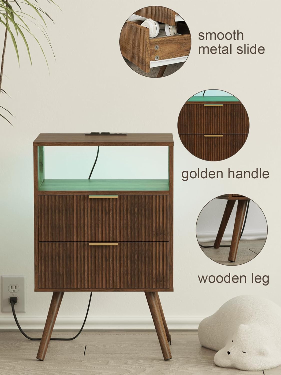 Nightstand with Charging Station and LED Lights, Modern Bedside Table with 2 Storage Drawer and Open Wood Shelf for Bedroom and Small Spaces, Night Stand with Solid Wood Legs - Image 5