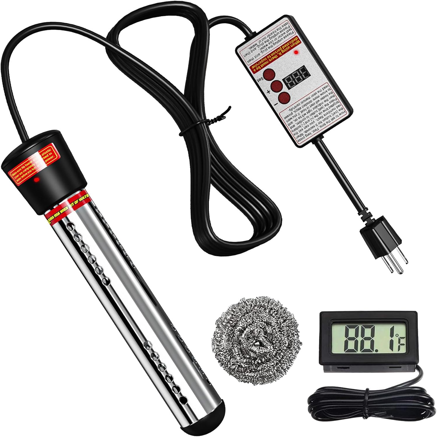 Immersion Water Heater, 2000W Portable Electric Pool Warmer with Timer & Digital Thermometer, Stainless Steel Guard Bathtub Heater for Buckets, Inflatable Pool, Above Ground Pool, Camping(Black)