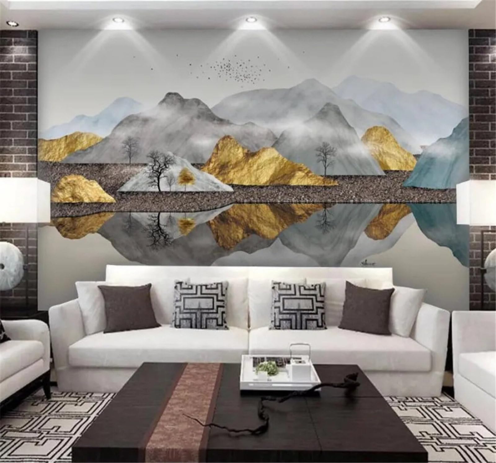 Tzxztt Three Dimensional Abstract Gold Ink Wash Landscape Scenery Modern 3D Wallpaper Premium Textured Silk Neutral Tones Material Ideal for Living Room Bedroom-350cm×256cm