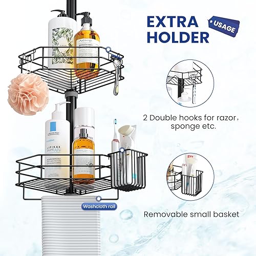 Miniatura 4 de SEIRIONE Organizador de ducha esquinero a prueba de óxido, 4 cestas grandes para almacenamiento de accesorios de baño, poste de tensión que se