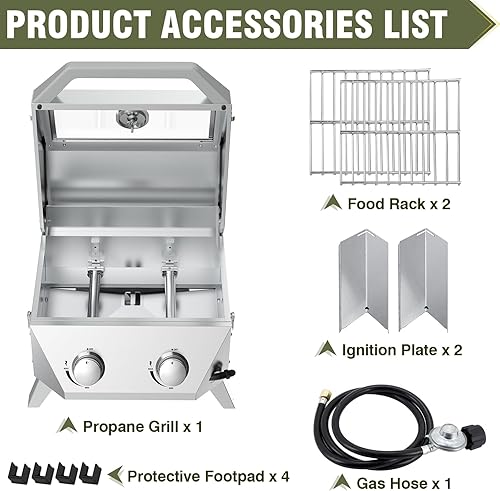 Miniatura 7 de BESTFIRE Parrilla de gas de mesa con 2 quemadores y tapa de vidrio de visión, parrilla portátil de acero inoxidable de 20,000 BTU con termómetro,
