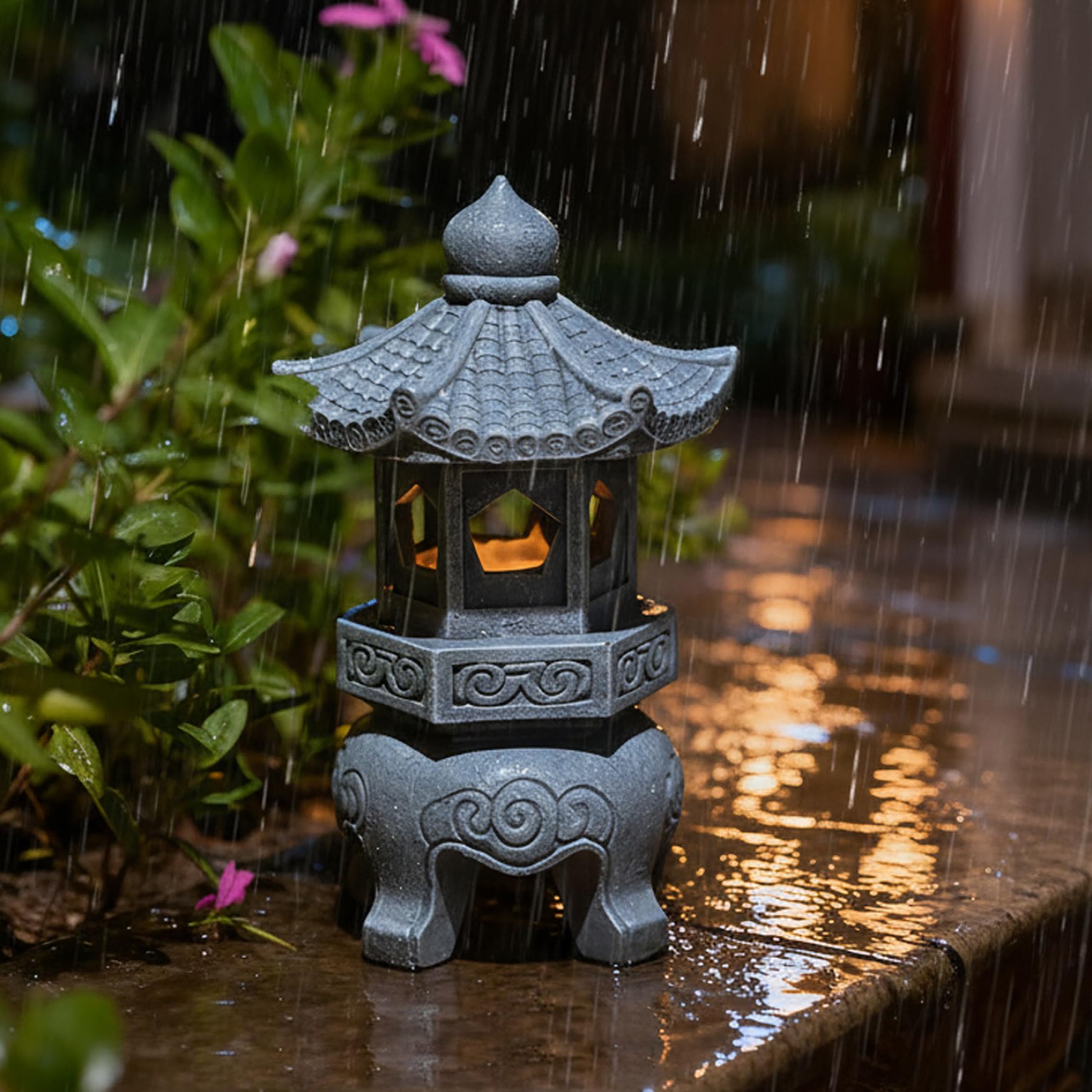 Joygoodta Pagoda Garden Statue, 10.2" Solar Pagoda Decors Garden Statue Zen Asian Outdoor Statues Japanese Lamp Lantern for Yard Patio Lawn (Stove)