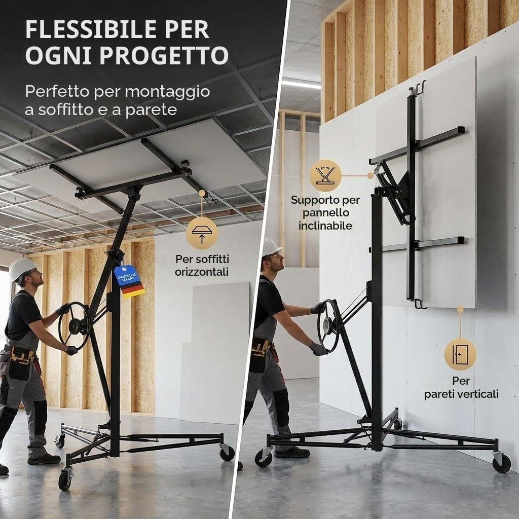 Werkthor Alzalastre per Cartongesso XXL fino a 68 kg – Altezza 140-350 cm – Alza Lastre di Cartongesso con 3 Ruote e Freno – Alza Pannelli Cartongesso Professionale (Nero)