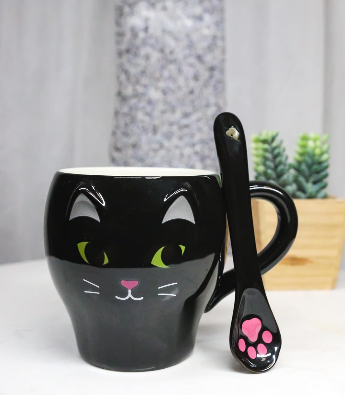 Feline Black Kitty Cat Ceramic Mug Coffee Cup With Spoon Home & Kitchen Decor