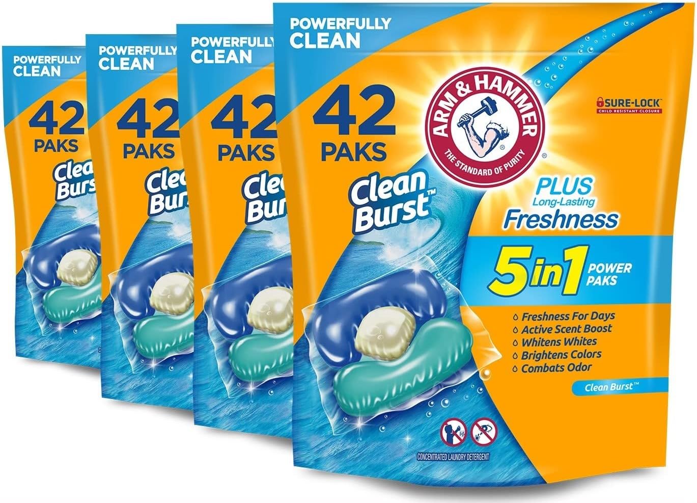 Arm & Hammer Clean Burst 5-In-1 Laundry Detergent Power Paks, 42 Count x 4 Pack