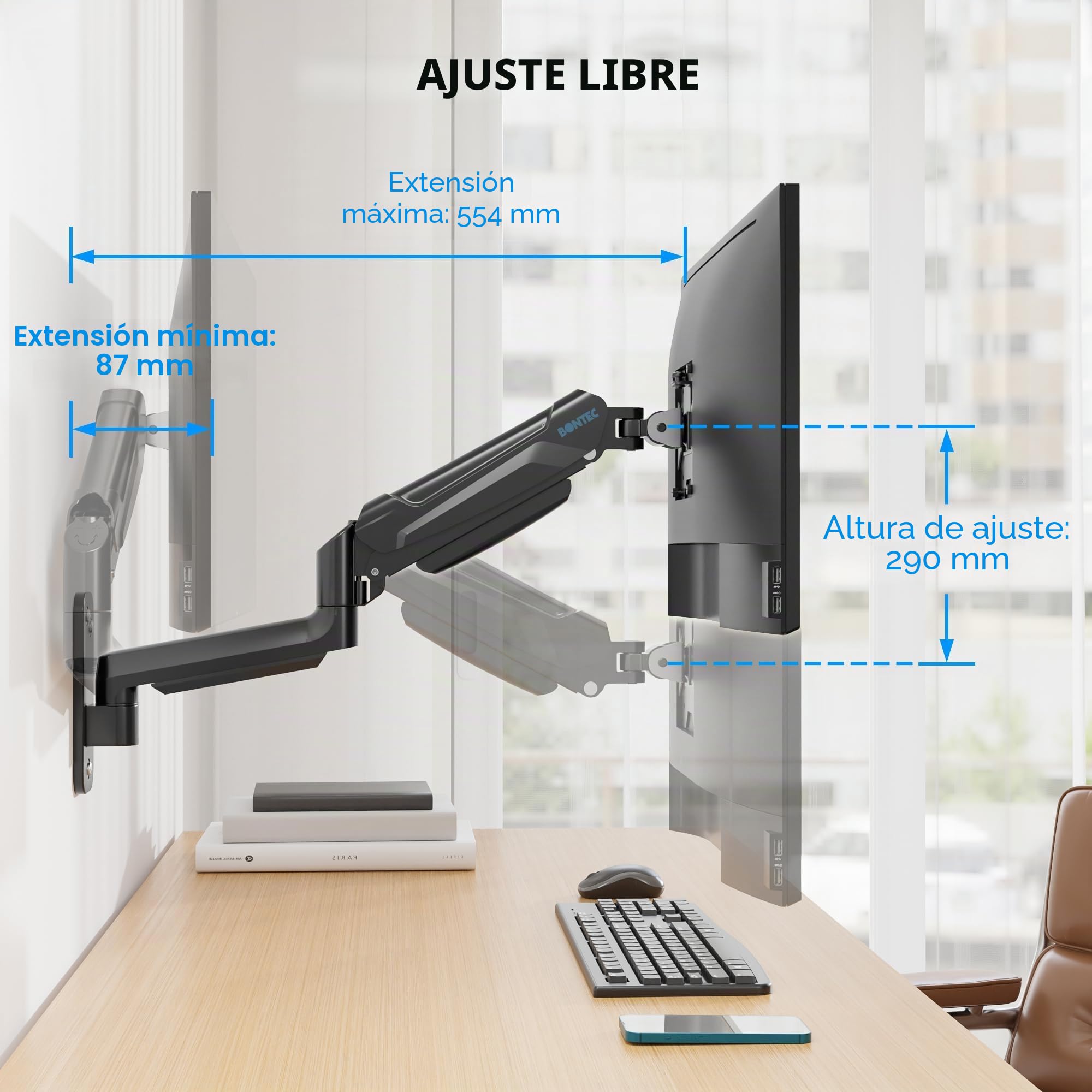 BONTEC Soporte Monitor Pared de 13 a 42 Pulgadas hasta 9 kg, Brazo Monitor Pared con Resorte de Gas Completamente Ajustable, Inclinación y Giro, Altura Ajustable, VESA máx 200x200 mm