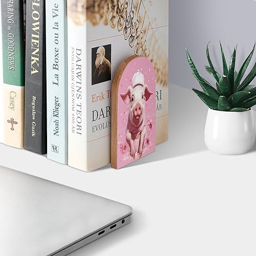 Miniatura 3 de Sujetalibros decorativos de madera de cerdo rosa con sombrero, para estantes, habitación de los niños, escritorio, oficina en casa, tapones de