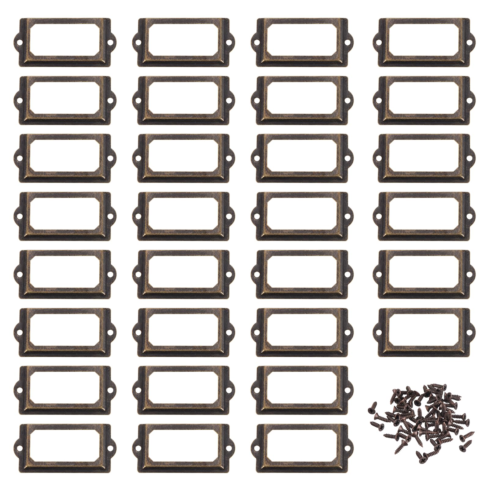 sourcing map 30Pcs Metal Label Holders Set, (2.76" x 1.3") - Decorative Cabinet Label Frame Name Vintage Card Holder with Screws for Drawers Shelves Cabinet, Bronze