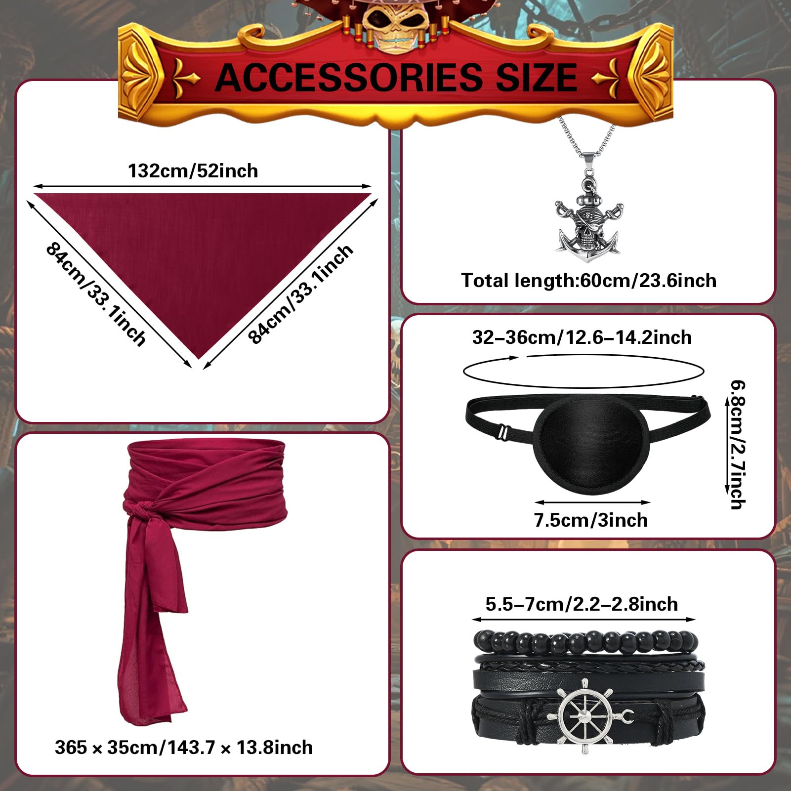 Meriviva 7 PCS Pirate Costume Adult Men Set including Medieval Shirt Trousers Bandana Belt Eye Patch Necklaces Bracelets - Image 3