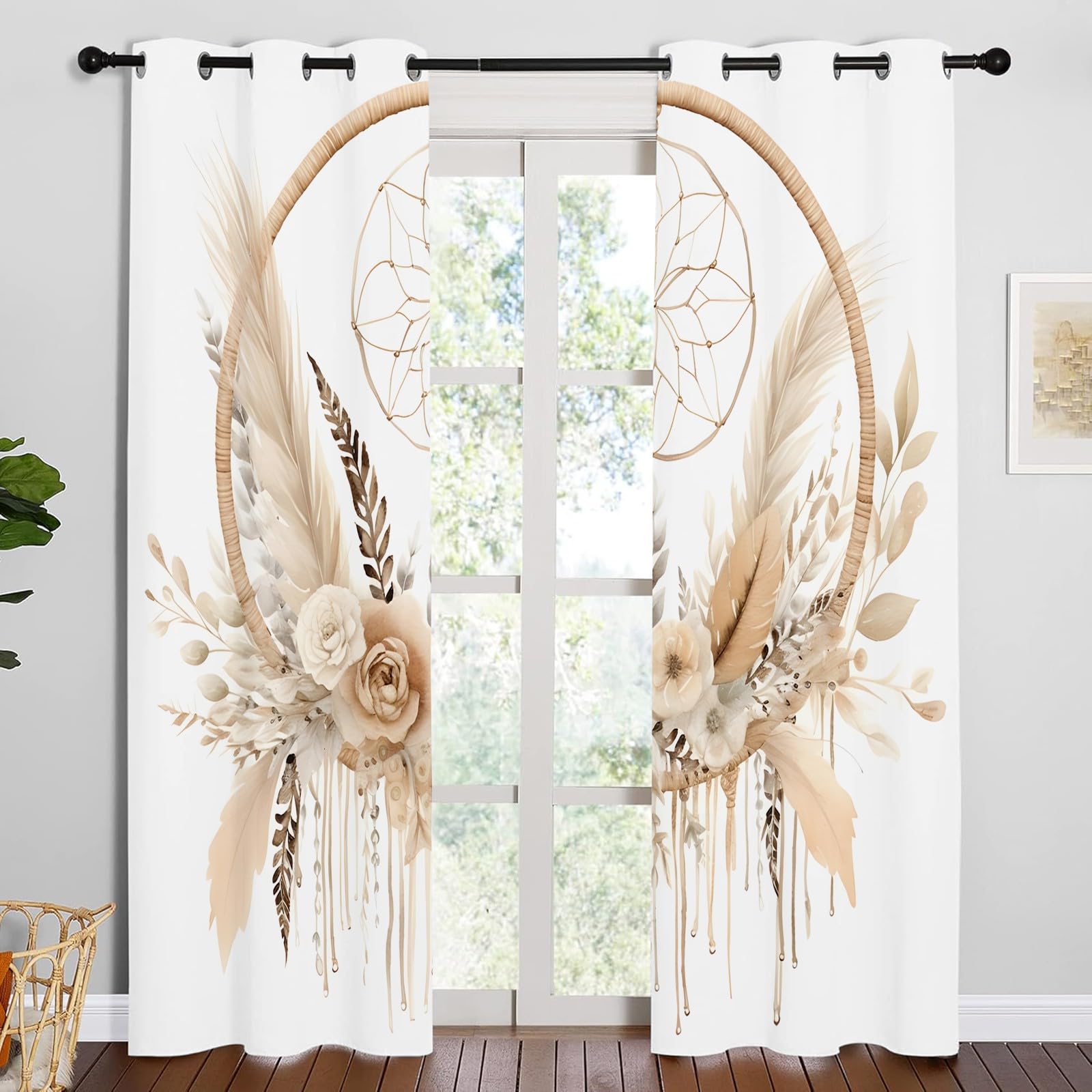 Rideau Occultant Motif Fleurs Brunes, Rideaux Blanc Marron 2 Pièces L 100 x H 240, Thermique Anti UV Tenture Opaque à Oeillets Bohême Decoration Chambre Maison Salon Intérieurs, A105