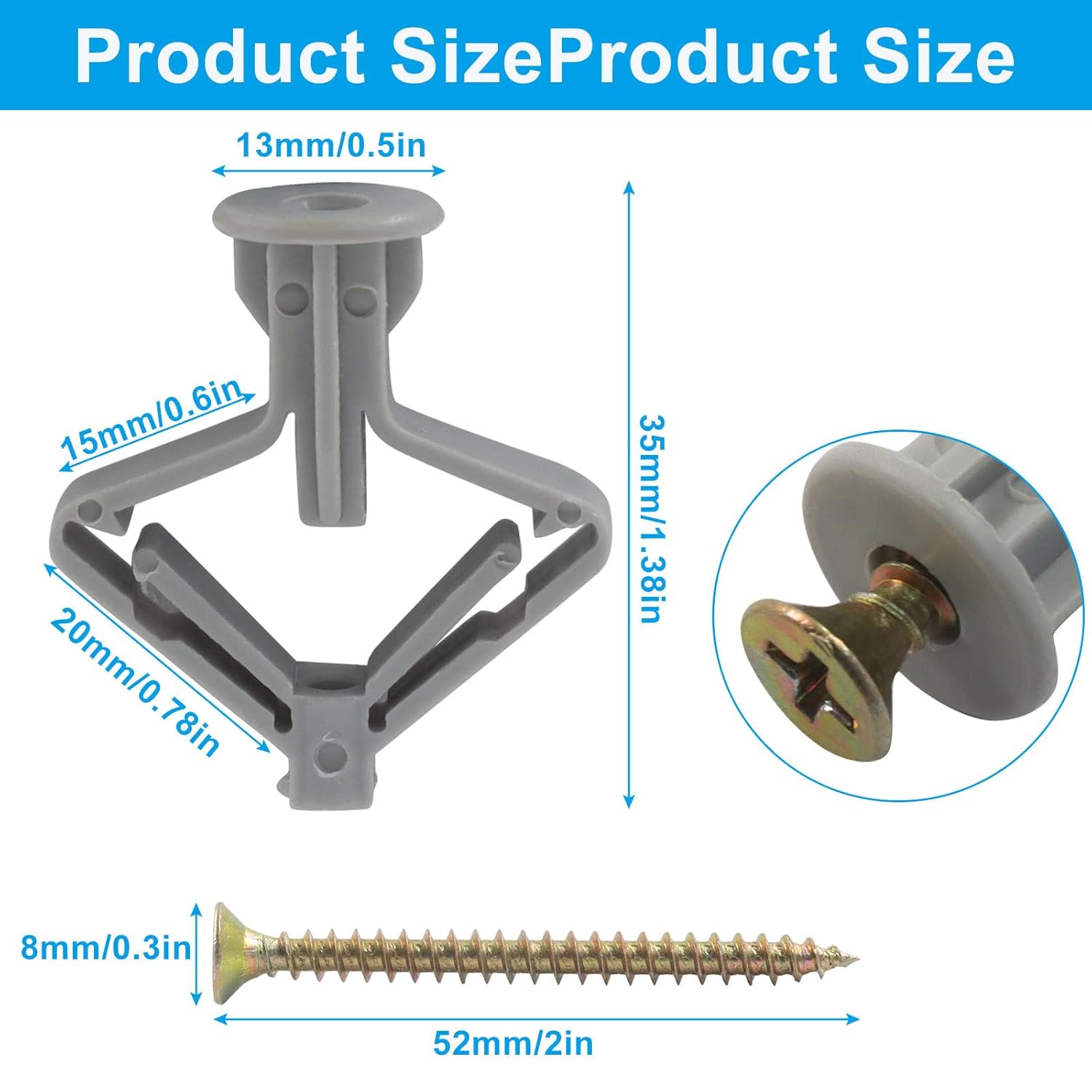 Hollow Wall Anchors, Drywall Anchor kit with Screws, Self-Drilling Butterfly Hollow Wall Anchor 65Lbs-One Size (Gray,50Pcs)