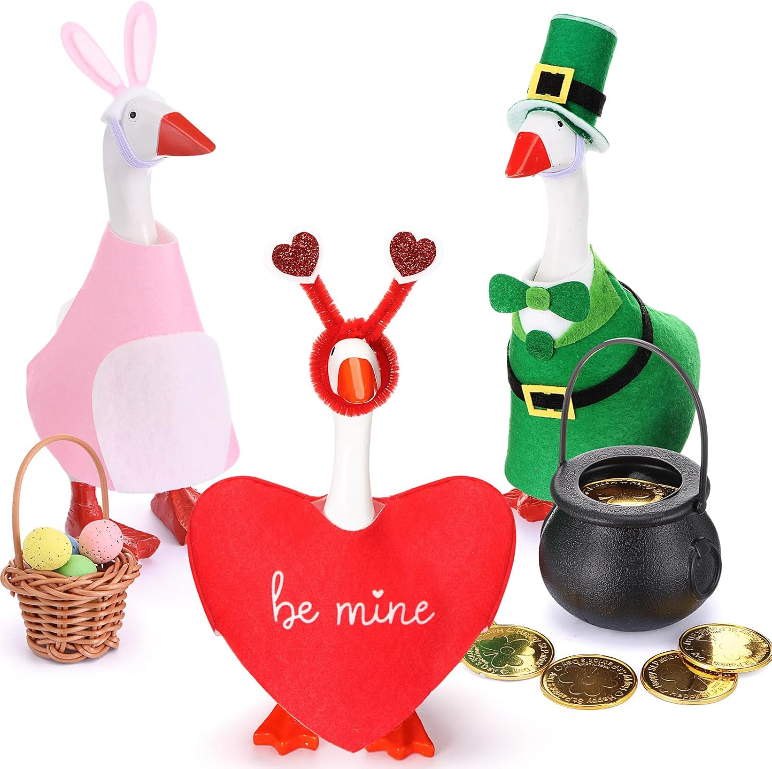 3 Set Valentine's Day Mini Desk Goose Outfit 7 Inch St. Patrick's Day Easter Magnetic Goose Statue Key Holder Romantic Clothe for Magnetic Duck Statue Table Desk Key Holder Decor