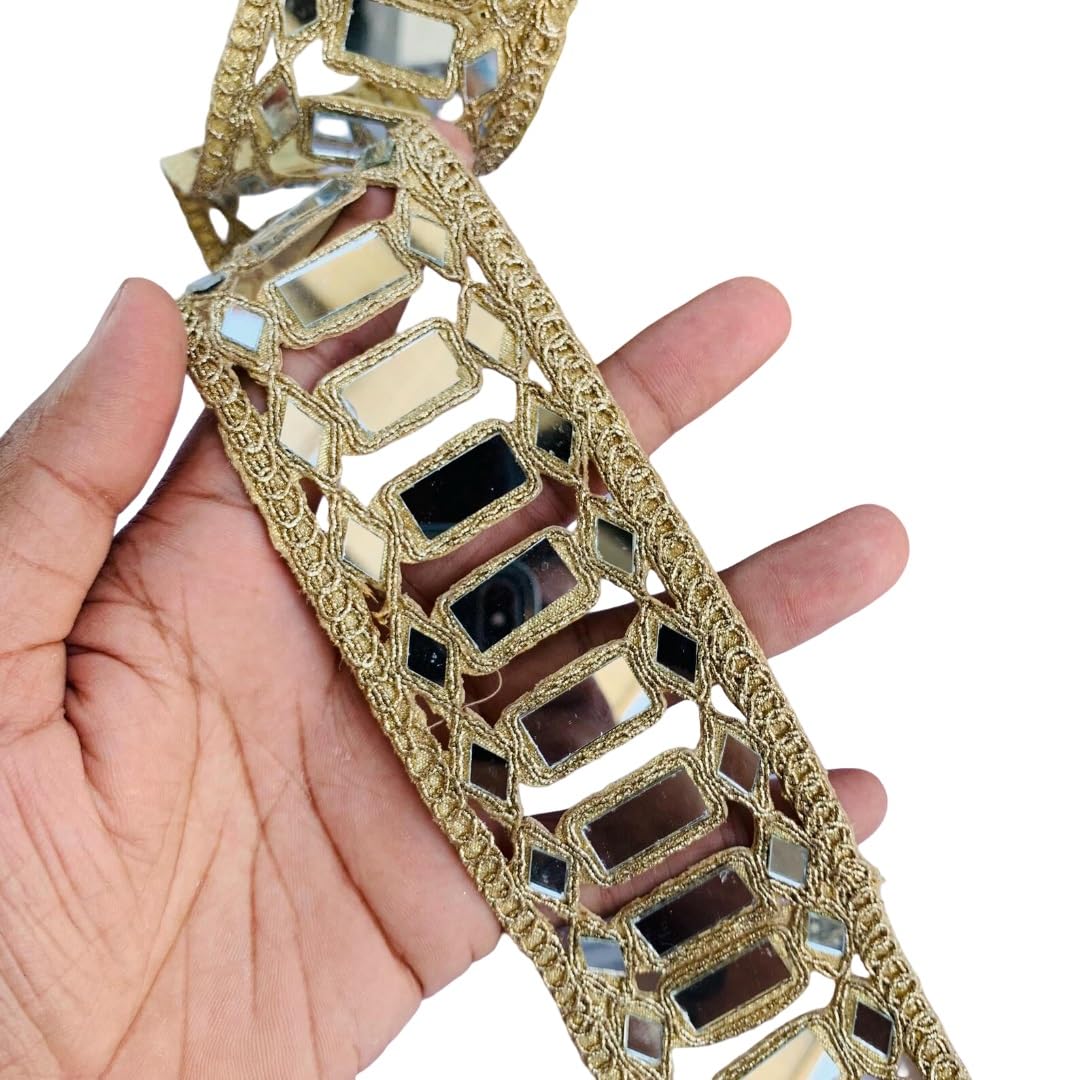 Borde de espejo grande dorado de 6 cm con encaje Zari resistente