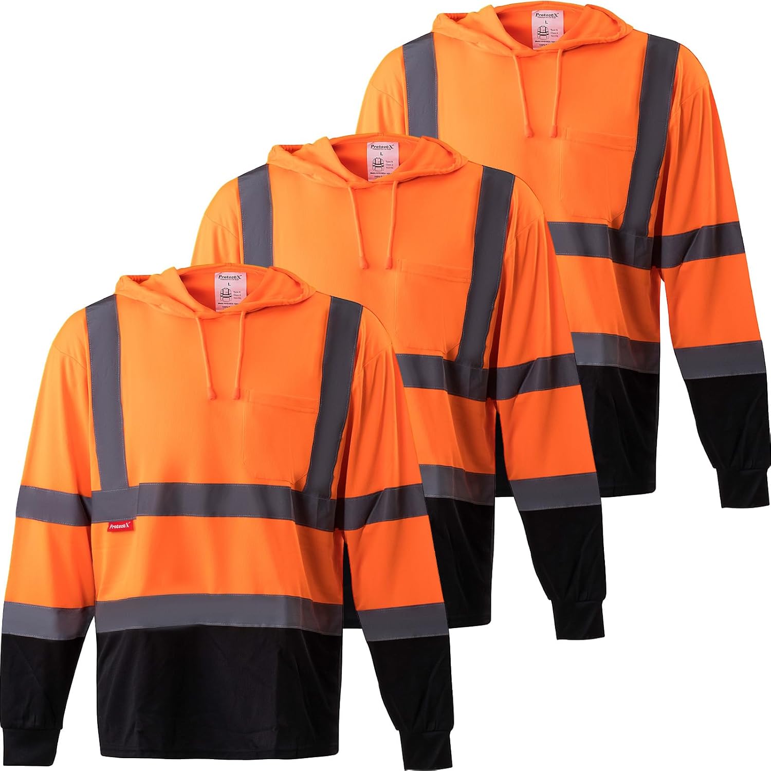 ProtectX Men's High Visibility Heavy Duty Long Sleeve Reflective Safety Shirts for Men Women, Class 2-3 Type R Hoodie